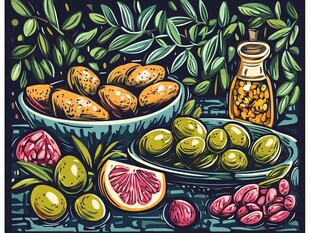 橄榄美食与果物插画展示