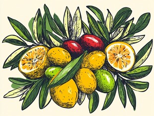 手绘柠檬等水果与绿叶