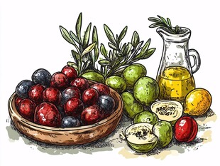 手绘橄榄与橄榄油静物图