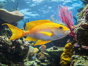 金黄海鱼悠游珊瑚礁间