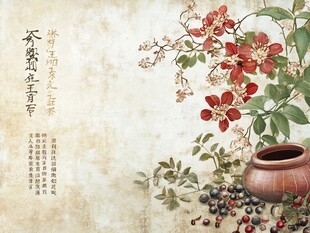 中式古风花卉陶罐图