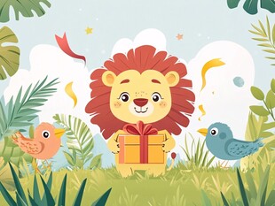 狮子手持礼物的欢乐场景