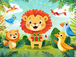 狮子收礼的欢乐丛林场景