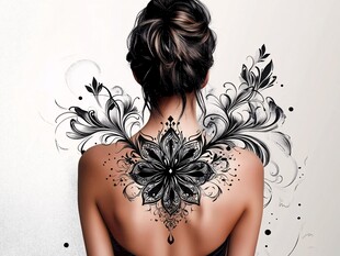 女子背部精美花纹纹身