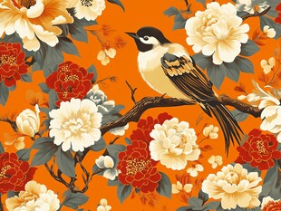 花鸟图 橙底繁花栖鸟