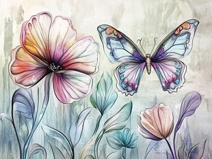 梦幻花卉与蝴蝶水彩画