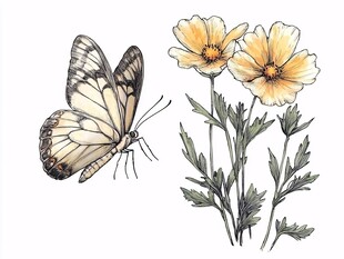 蝴蝶伴两朵黄花的手绘插画