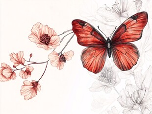 红蝶栖花图