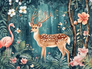 森林中的鹿与火烈鸟奇遇