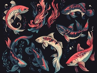 多彩锦鲤在深色背景中游弋