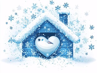 雪中小屋爱心雪人图景