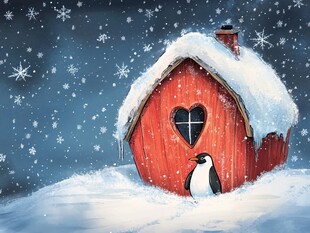 雪中小屋旁的可爱企鹅