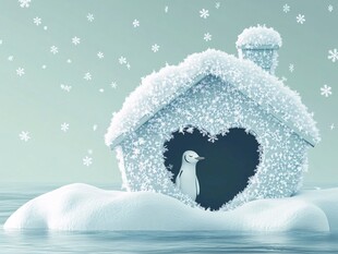 雪中小屋旁的孤独企鹅