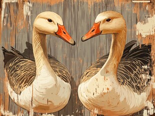 两只鹅的复古风插画