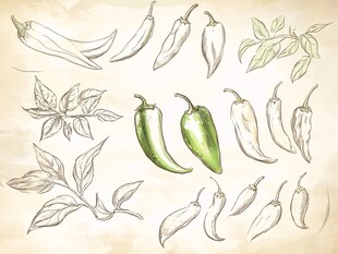 手绘辣椒与香叶插画