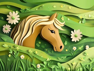 田园中的骏马剪纸艺术图