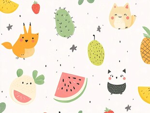 可爱动物与水果卡通图案