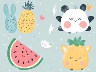 可爱卡通动物与水果图案