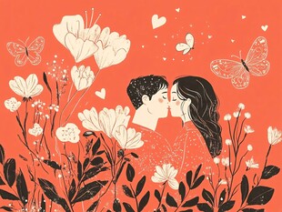浪漫情侣花丛中甜蜜亲吻