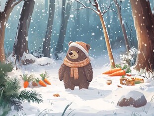 雪地中戴帽围巾的可爱棕熊