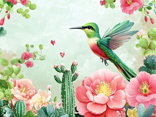蜂鸟飞舞于繁花仙人掌间