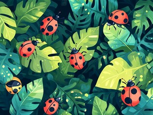 瓢虫在繁茂绿叶间嬉戏