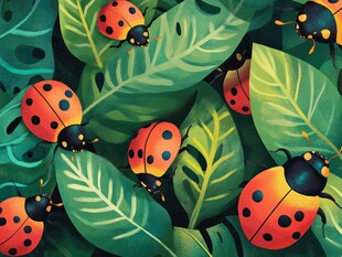 瓢虫在绿叶间的多彩画面