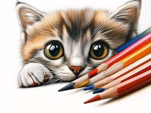 可爱小猫与彩色铅笔相伴