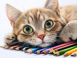 萌猫与多彩铅笔的温馨画面