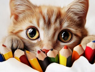 萌小猫探身彩色铅笔间