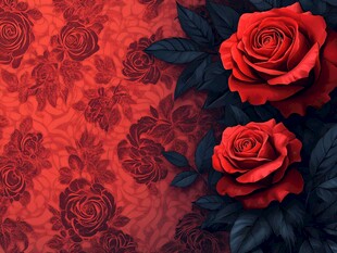 红玫瑰与复古花纹背景