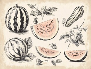 手绘西瓜及瓜叶插画