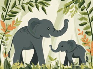 大象母子的丛林温馨时刻