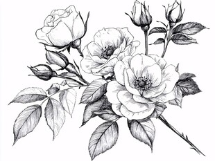 黑白手绘盛开的玫瑰花枝