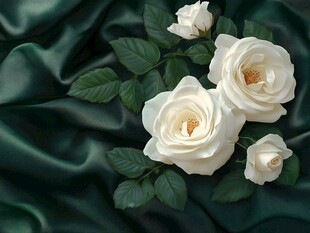白玫瑰置于深绿绸缎上