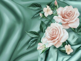绿绸上的柔美粉玫瑰