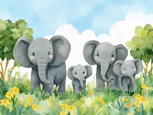 大象一家漫步绿色草地