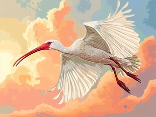 飞翔的朱鹮于绚烂云霞间