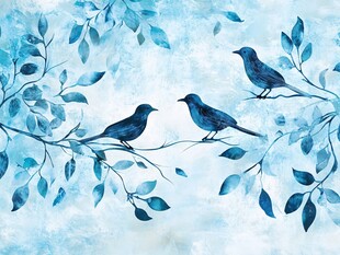 蓝调枝头三鸟水彩画