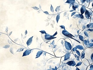 蓝白花鸟图 枝头双雀栖