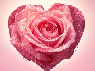 心形粉玫瑰与晶莹水珠