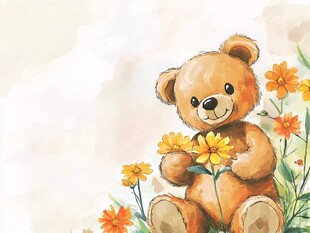 小熊捧花的温馨水彩画