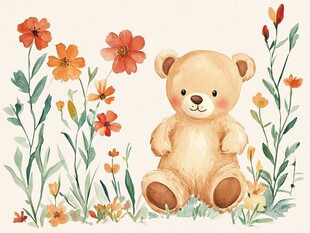 小熊坐花丛中可爱插画