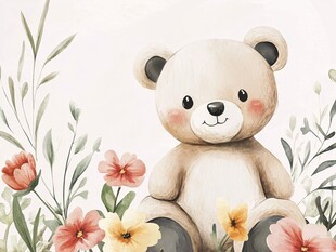 小熊坐花丛 可爱水彩画