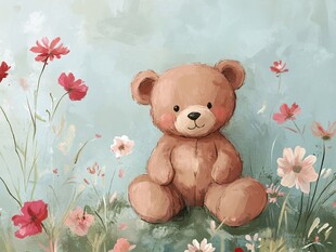 小熊坐于花丛中