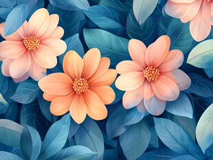 橙色花朵与蓝绿叶插画