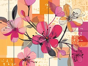 几何背景下的缤纷花卉图案