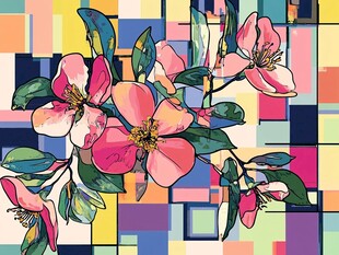 几何背景下的绚丽粉色花朵