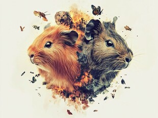 双色豚鼠与飞舞昆虫画面