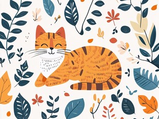 橘猫在花叶间惬意休憩